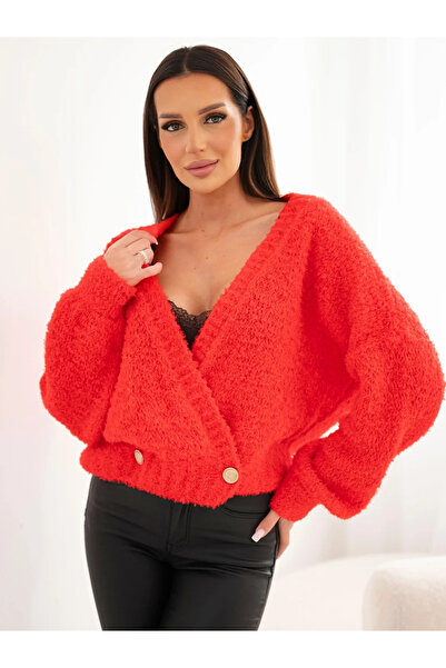 Kesi Cardigan tip wrap de damă, din amestec de mohair roșu, cu nasturi decora...
