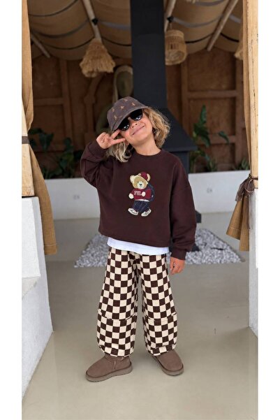 KIDSS HERE ERKEK ÇOCUK AYICIK 3 İPLİK OVERSIZE SWEATSHIRT & EKOSE PANTOLON TA...