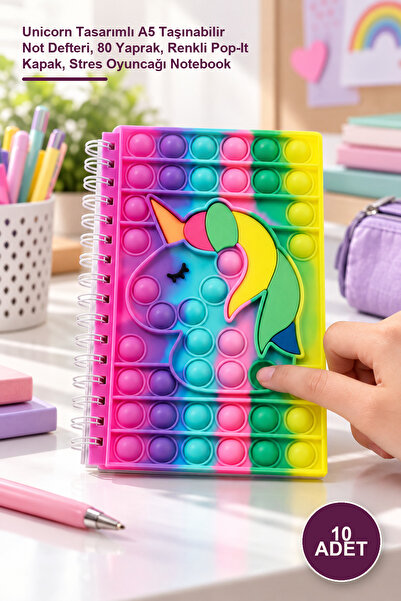 Yenilig 10 caiete Pop-It – Blocnotes portabil A5 cu design Unicorn, 80 de col...