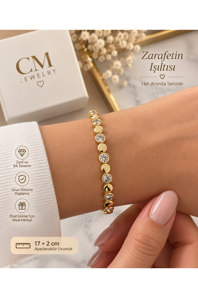 Gold Yuvarlak Plaka ve Zirkon Taşlı Kadın Bileklik 17+2 cm