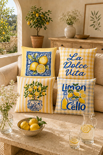 MeRu Nova Limon Desenli Akdeniz Temalı La Dolce Vita Limoncello Sarı Mavi 4’l...