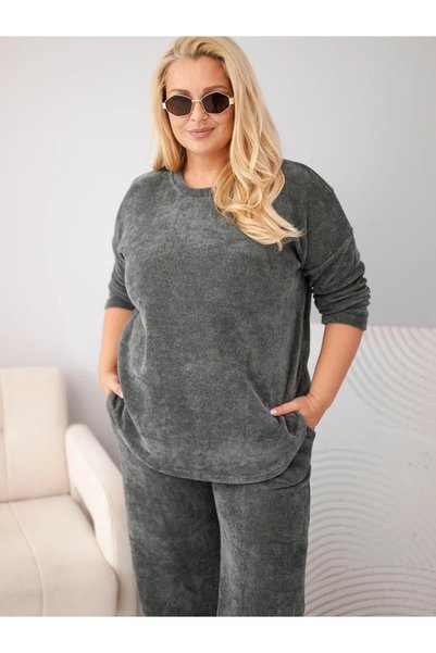 Kesi Set din două piese din catifea reiată kaki, mărimi mari, cu pantaloni la...