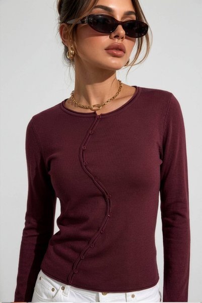Cockatoo Kadın Bordo Premium Rayon Kontrast Biyeli Düğmeli Uzun Kollu Hırka (...
