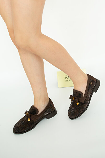 Mammamia 5527 EREN SHOES&BAG Hakiki Deri Nubuk Baskılı Fiyonk Detaylı Alçak T...