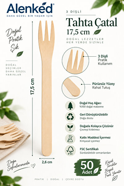 alenked Pack of 50 Ecological 3-Tine Wooden Forks 17.5 cm – Birch Wood Dispos...