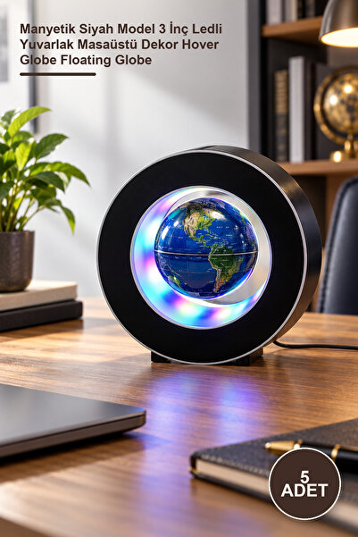 Yenilig 5 Adet Dünya Küre – Manyetik Siyah Model 3 İnç Ledli Yuvarlak Masaüstü Dekor Hover Globe Floating Globe
