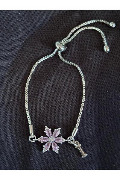 bijoux uniques سوار من الفولاذ بحجر الزركون الوردي على شكل زهرة اللوتس مع حرف I
