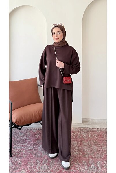 Kadın Çimalı Detay Geniş Paça Tunik Pantolon İkili Takım M2696 - Kahverengi