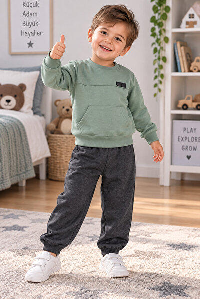 SERPİL Boys' Tracksuit Set – Green Sweatshirt and Anthracite Jogger Pants, Ca...