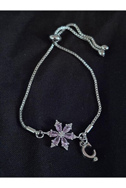 bijoux uniques سوار من الفولاذ بحجر الزركون الوردي على شكل زهرة اللوتس مع حرف C