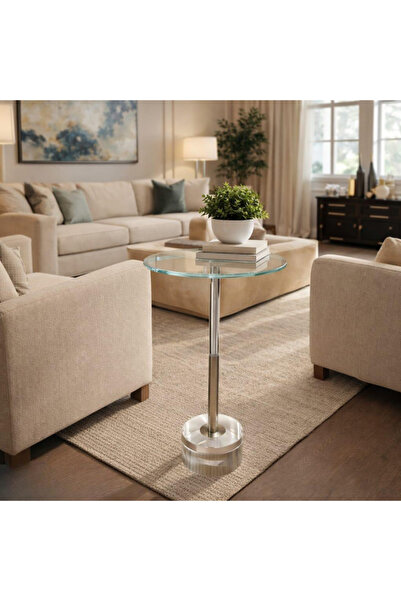 PLUS 49 Modern Glass Top Acrylic Metal Base Side Serving Table