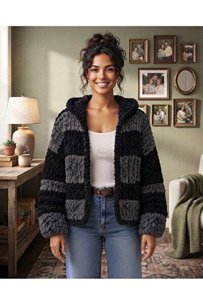 Patiska Tasarım Women's Hand Knitted Puffy Thread Hooded Black Gray Cardigan ...