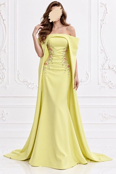 TOP BERLANTY Barbie Lemon Yellow Evening Dress with Hand Embroidery and Hidde...