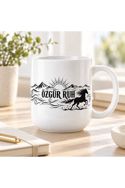 HiperAD Reklam Porcelain Mug 300 ml with Free Spirit Written and Horse Patter...