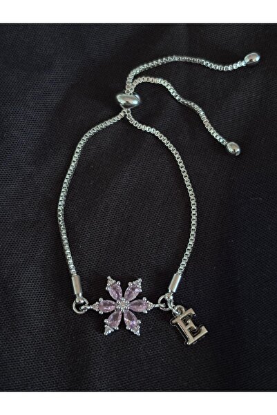 bijoux uniques Çelik pembe zirkon taşlı lotus çiçek E harfli bileklik