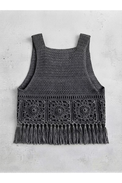 MEGAHAN BOUTIQUE Hand Knitted Cotton Thread Vest with Crochet Motifs and Tassels