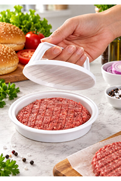 Veylora34 Hamburger Köftesi Kalıbı ve Köfte Presi – Saplı, Çizgili Desenli, Y...