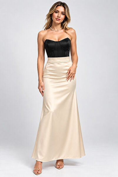 FİYPER Satin Bell Cut Long Evening Dress Skirt