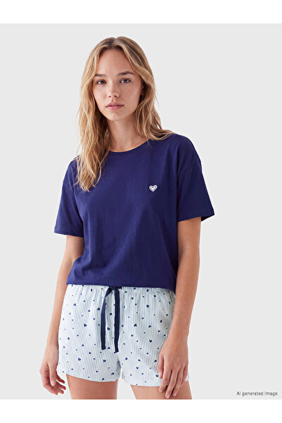 LC Waikiki Peak New Season Blue Heart Patterned Women's Shorts Pajama Set