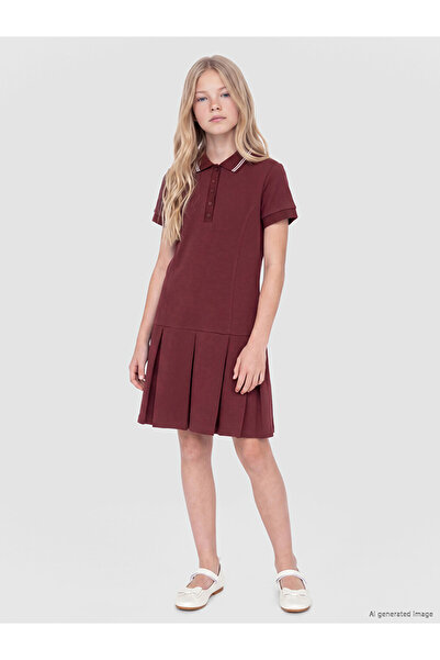 LC Waikiki Peak New Season Burgundy Polo Collar Pleated Girls' Dress