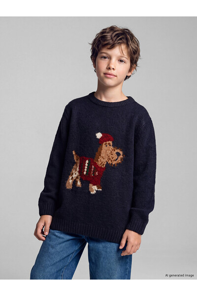 LC Waikiki Vizyon New Season Navy Blue Patterned Boy's Knit Sweater