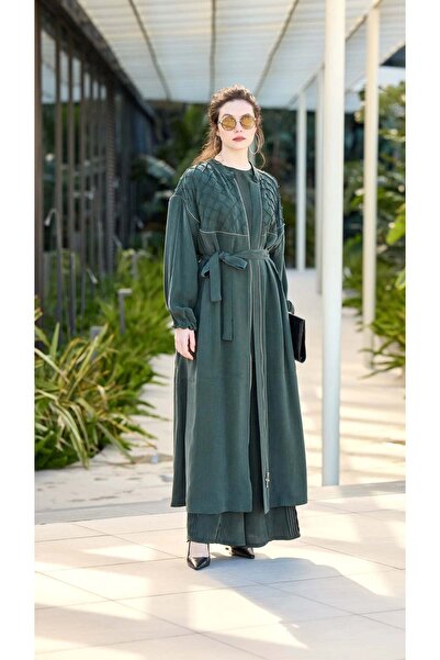 MissWhence Belted Cupro Long Coat with Seam Details - Green