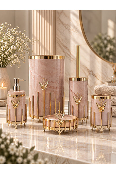 TrendBanyoMutfak Salmon Marble Patterned Metal Gold Bathroom Set – 5-Piece Lu...