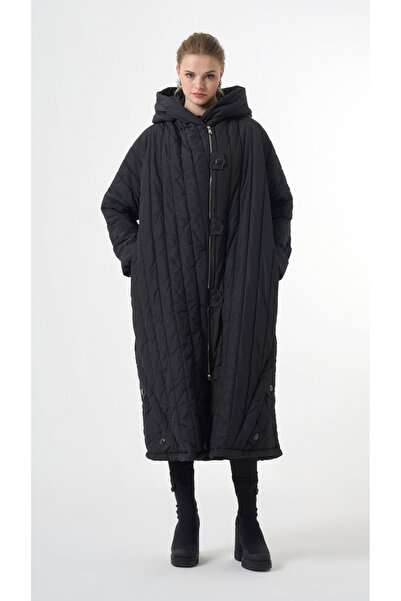 MissWhence Plus-Size Hooded Long Quilted Coat - Black