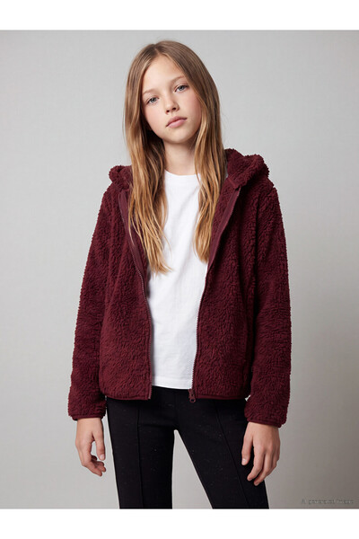 LC Waikiki Vizyon New Season Burgundy Hooded Girls' Plush Zippered Sweatshirt