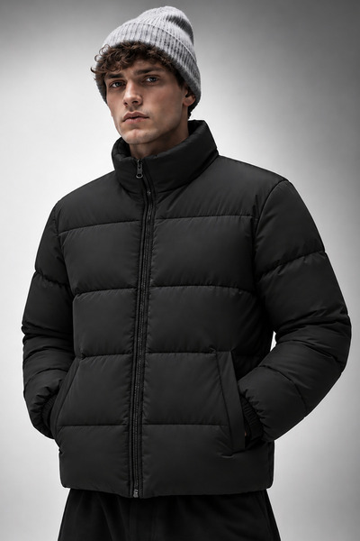 Bossago Men's Black Inflatable Coat with Stand Collar – Water and Wind Resist...