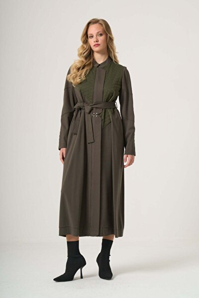 MissWhence Belted Long Coat with Textured Panels - Khaki