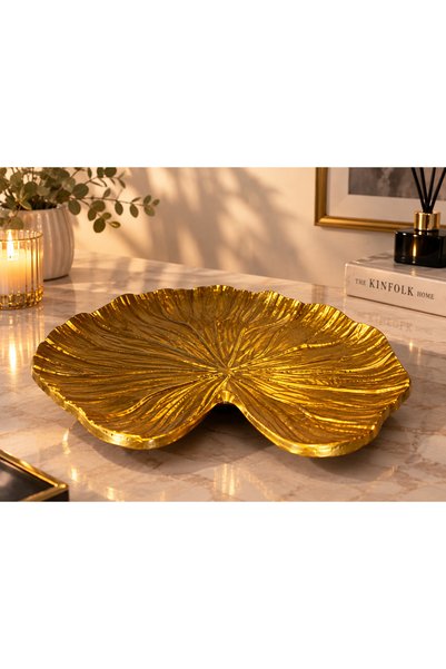 Gold Yaprak Desenli Dekoratif Tepsi - Şık Takı Ve Aksesuar Sunum Tabağı