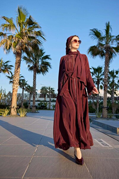 MissWhence Belted Cupro Overcoat with Matching Scarf - Burgundy