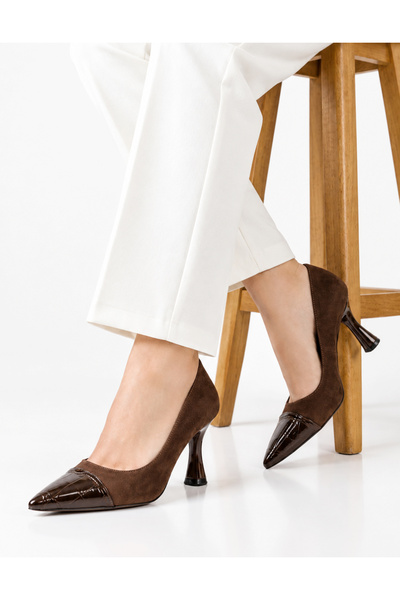 DUDYEN SHOES Women's Brown Suede Stiletto Croc Patterned Patent Leather Toe S...