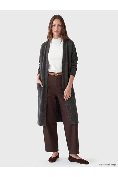 LC Waikiki Lcw Modest Gray Knitwear Plain Long Women's Cardigan with Nevavm D...
