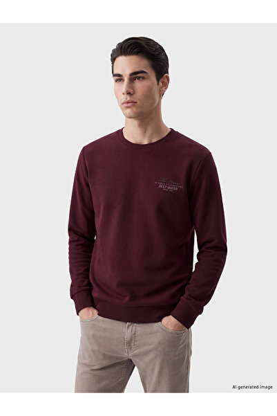 LC Waikiki Peak New Season Burgundy Crew Neck Printed Men's Thick Sweatshirt