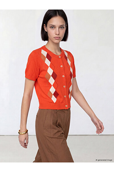 LC Waikiki Nevavm Lcw Comfort Orange Knitwear Diamond Patterned Cardigan with...