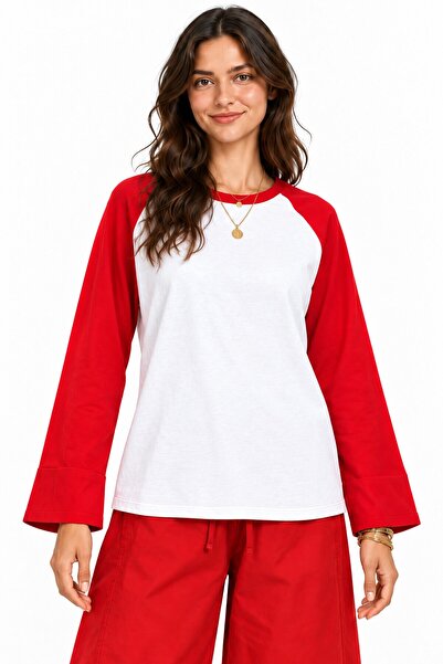 Eceora Kadın Kırmızı Beyaz Renk Bloklu Raglan Uzun Kol Pamuk T-Shirt E26-NM2670
