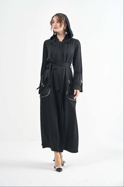 MissWhence Belted Linen-Blend Overcoat with Zip Pockets - Black