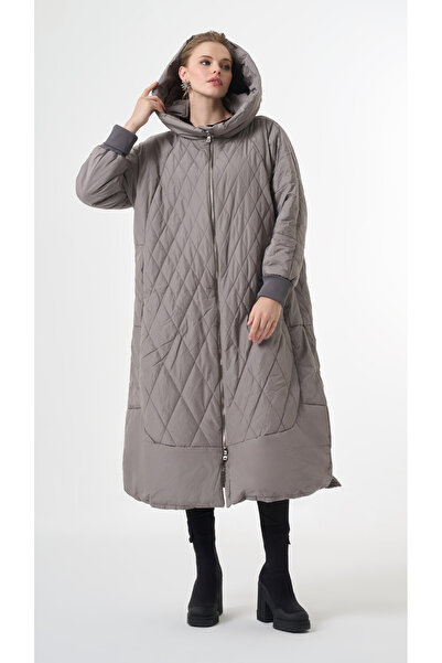 MissWhence Plus-Size Hooded Diamond-Quilted Coat - Gray
