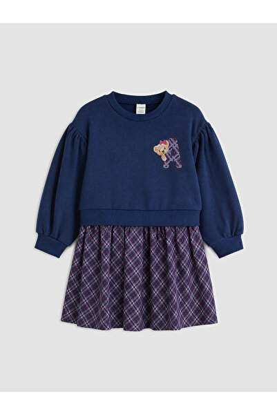 LC Waikiki Nevavm Navy Blue 3 Thread Plaid Girls' Dress with a Difference