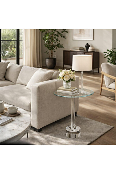 PLUS 49 Modern Acrylic Side Table with Compact Size and Clear Glass Surface