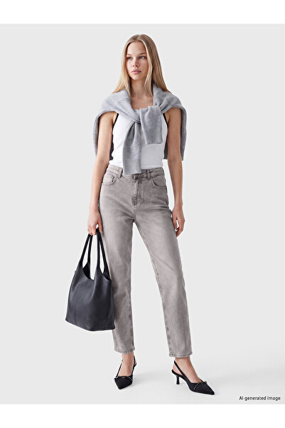 LC Waikiki Alita City Farkıyla Lcw Jeans Gray Denim Straight Mom Fit High Wai...