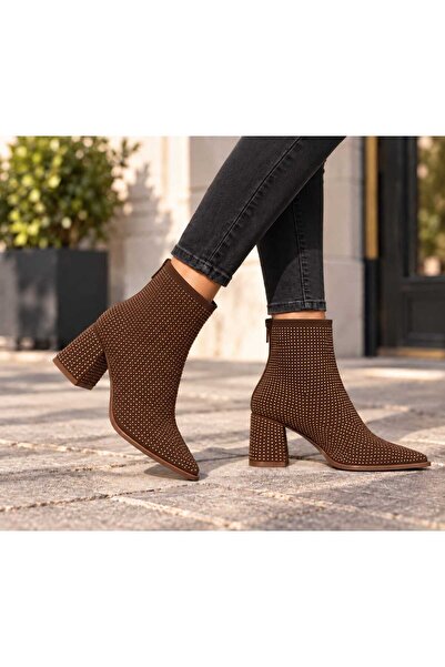 LZ SHOES kahve Taş Detaylı Yüksek Topuklu Kadın Bot Çizme
