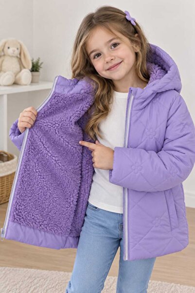 DUBLİNO KİDS Flowered Baklava Patterned Girls' Water and Wind Proof Hooded Coat