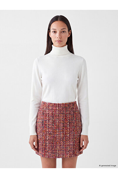 LC Waikiki Vizyon New Season Red Waist Zippered Plaid Tweed Mini Skirt