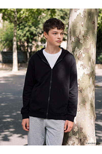 LC Waikiki Lcw Kids Black Hooded Boy's Zippered Sweatshirt with Nevavm Differ...