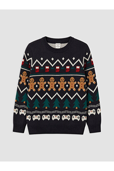 LC Waikiki Lcw Kids Navy Blue New Year Themed Boys' Sweater with Nevavm Diffe...