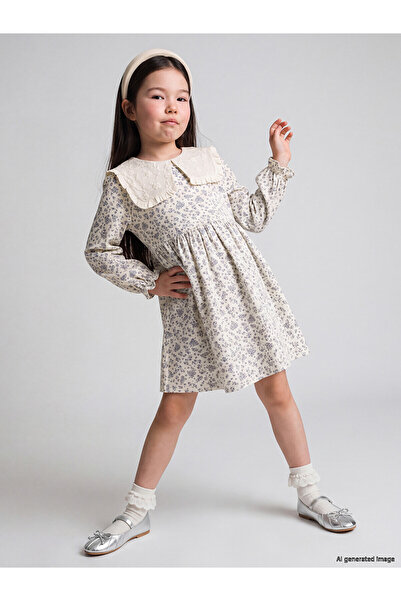 LC Waikiki Lcw Kids Navy Blue Gabardine Floral Girl's Dress with Nevavm Diffe...