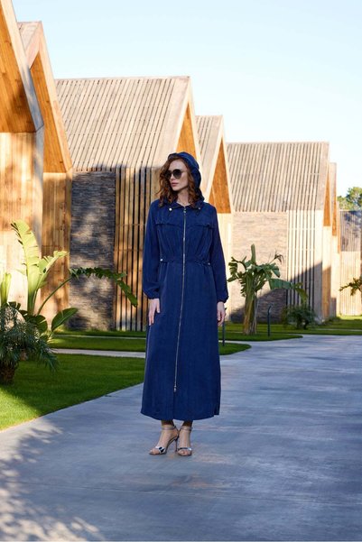 MissWhence Hooded Cupro Overcoat with Drawstring Waist - Indigo